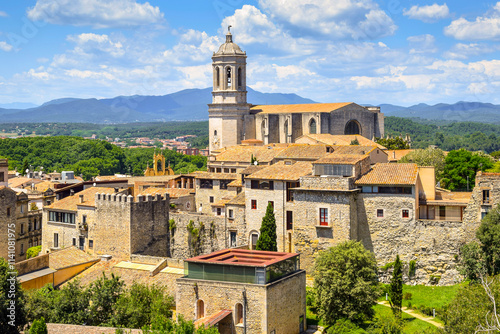 Panoramic aerial view of Girona and Cathedral of Saint Mary, Catalonia, Spain.