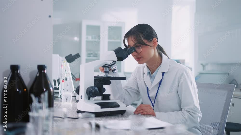 Young attractive female scientist looking at microscope. Hi-res technology. Woman in white lab coat doing vaccine research, working on medical, dna and innovation in laboratory. Indoors