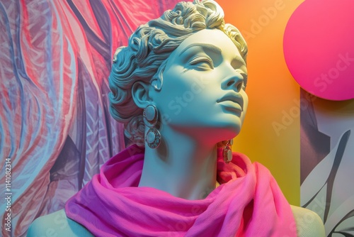 A striking white Greek bust showcases a vibrant neon pink scarf and earrings, set against a bold pop art backdrop, creating a unique visual contrast and style