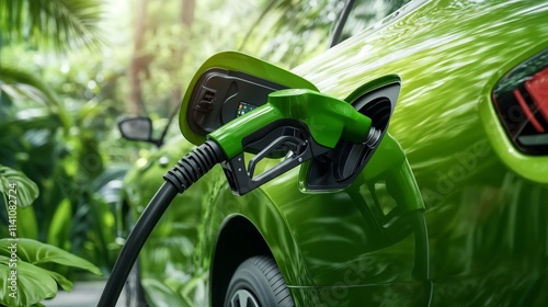 Eco-friendly fuel concept. Green car refueling in nature.Sustainability. Green energy. Environmental protection.Eco-friendly business, green energy promotion, environment protection, sustainable devel