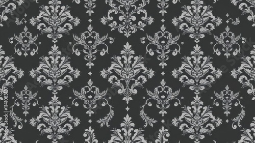 Elegant Seamless Damask wallpaper with intricate floral and geometric motifs in shades of silver and charcoal, home decor, luxury, wallpaper