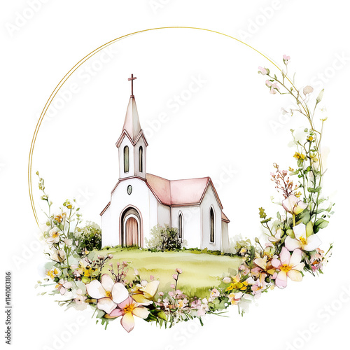Church with flowers Watercolor Logo Isolated on White Background