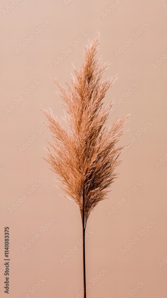 Single stem of pampas grass against a muted peach background. The neutral tones create a calming, minimalist aesthetic. Single stem of pampas grass against a muted peach background. The neutral tones create a calming, minimalist aesthetic.