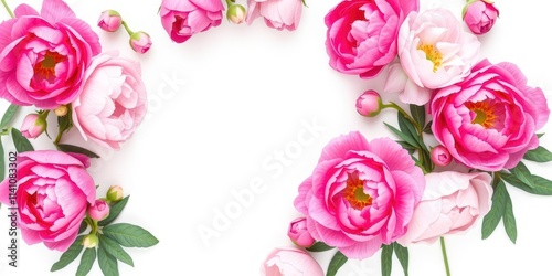 Fototapeta Naklejka Na Ścianę i Meble -  Fresh bouquet of vibrant pink peonies and delicate roses on a white background with space for text, roses, peonies, copy space