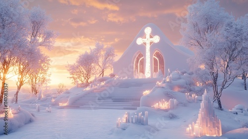 Snowy church at sunset with glowing cross and candles.