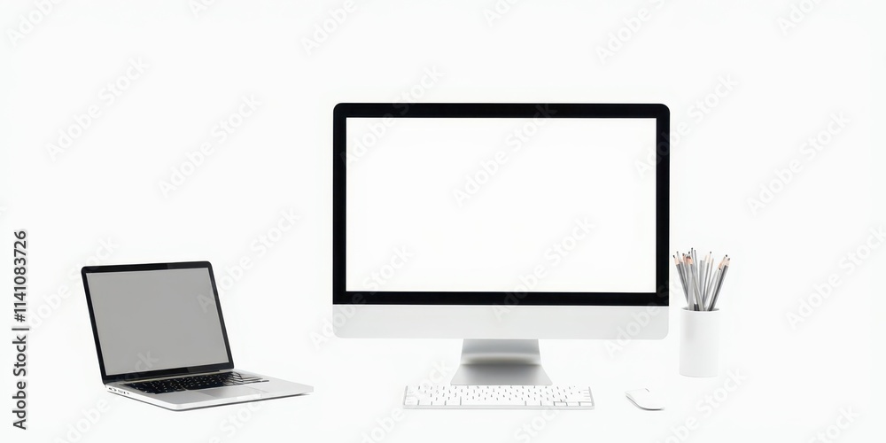 Laptop computer mockup with blank screen on white background, device, workspace, branding Laptop computer mockup with blank screen on white background, device, workspace, branding