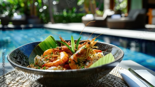 a plate of shrimp-based food to be served while swimming with a glass of very refreshing drink with ice cubes. photo