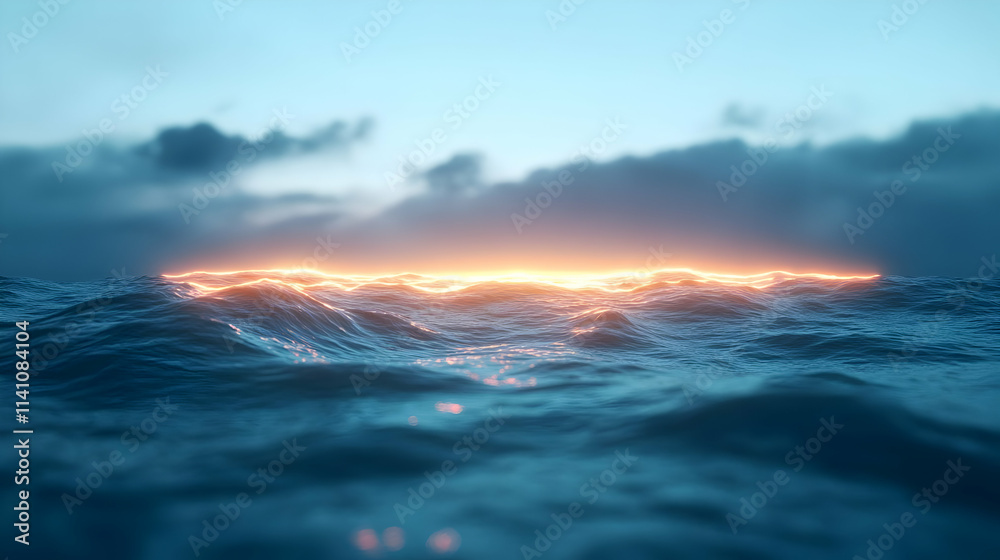 Fototapeta premium Glowing sunset horizon over dark ocean waves.