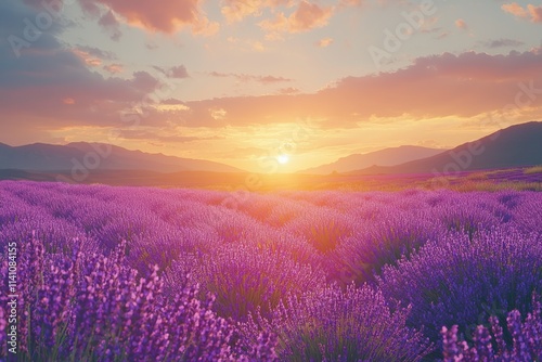 Sunset over a vibrant lavender field in summer with colorful clouds and distant mountains. Generative AI