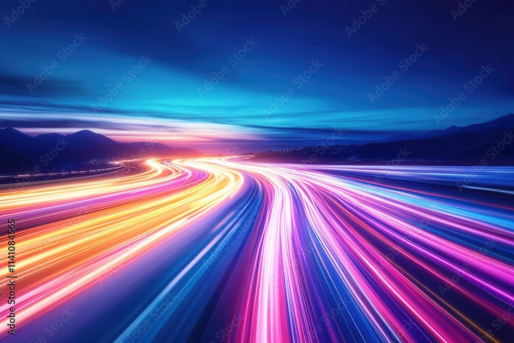 Long exposure shot of colorful light trails on a curved highway at night with dynamic blue and pink neon streaks under glowing streetlights