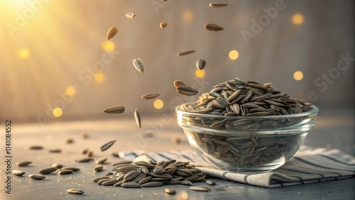 Sunflower seeds spill from a delicate glass bowl cascading onto a surface tered with soft warm light. The glow creates a whimsical aura setting a scene of simple
