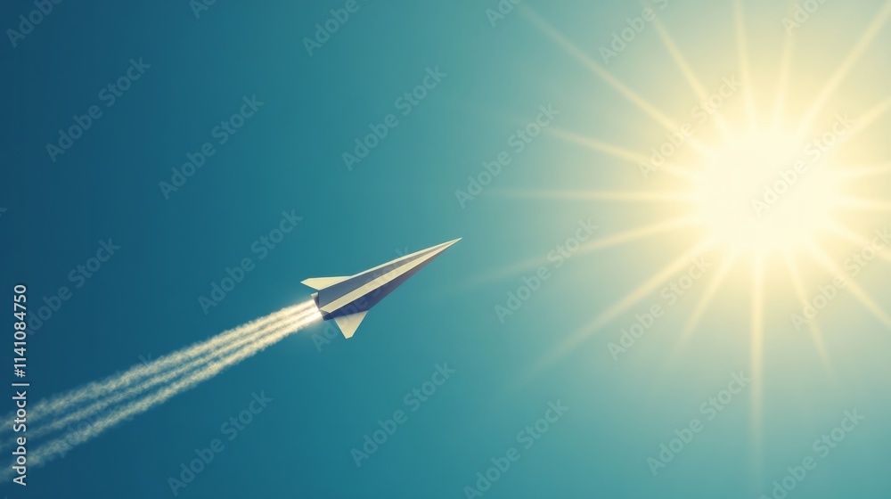 Fototapeta premium Minimalist paper plane flying under a bright clear blue sky generative ai