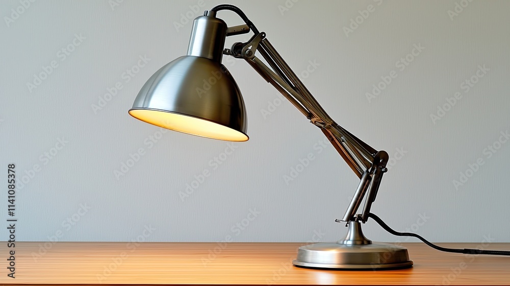 A metallic desk lamp with an adjustable arm illuminating a wooden surface. A metallic desk lamp with an adjustable arm illuminating a wooden surface.
