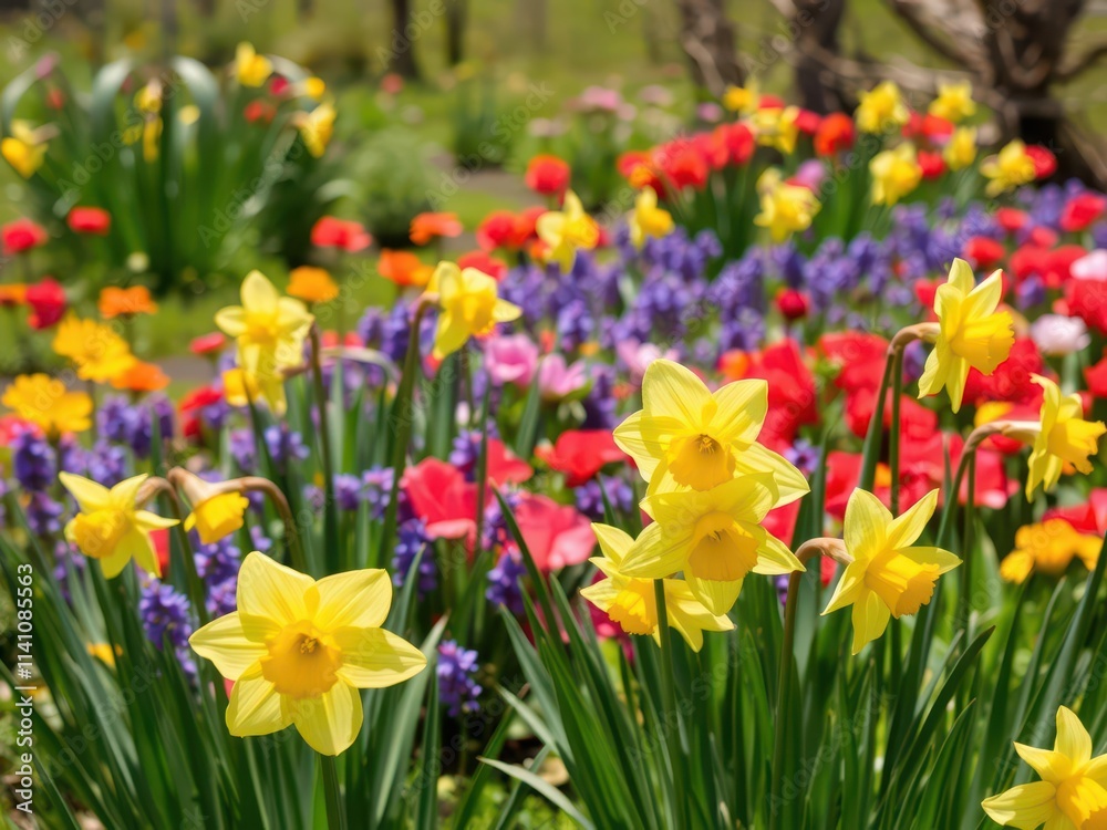 Vibrant yellow daffodil flowers blooming in a vast field under the clear blue sky, growth, garden, sunny Vibrant yellow daffodil flowers blooming in a vast field under the clear blue sky, growth, garden, sunny