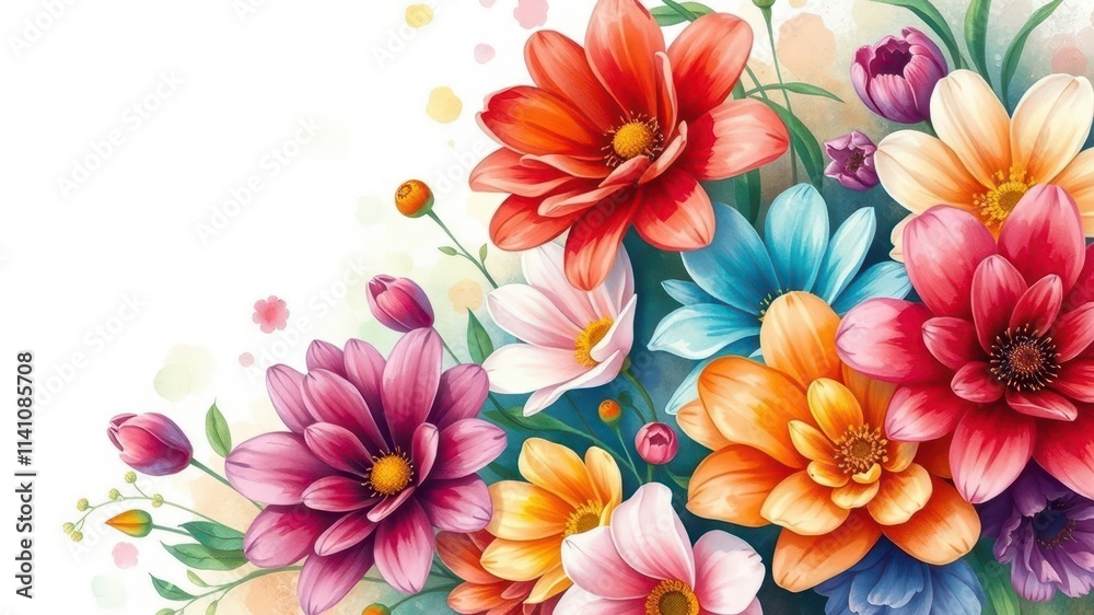 Obraz premium Vivid watercolor illustration of blooming flowers in a garden, artistic, petals, flowers