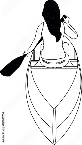 Woman rowing canoe on lake or river. Kayak, Kayaking adventure. Illustration, vector.