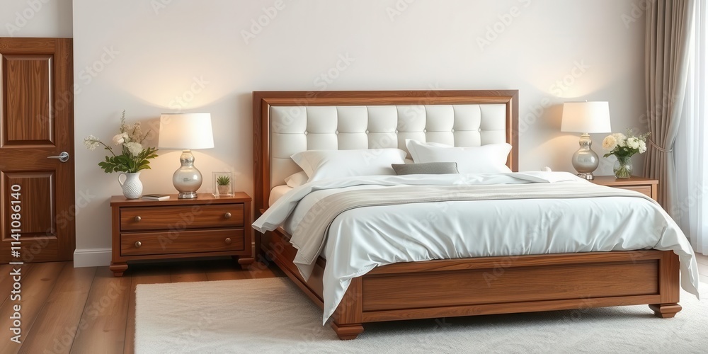 White wooden nightstand table in luxury bedroom interior with king size bed adorned with fresh flowers and elegant decor, king size bed, bedroom White wooden nightstand table in luxury bedroom interior with king size bed adorned with fresh flowers and elegant decor, king size bed, bedroom