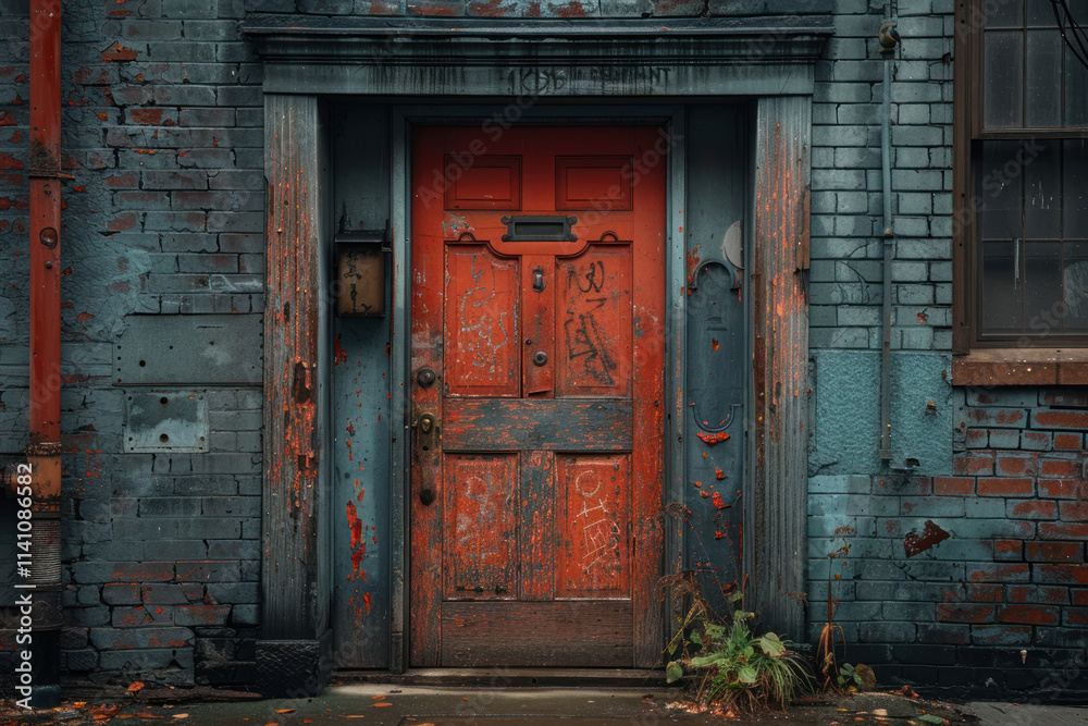 Old wooden door with red brick wall in the background. Toned.,. Old wooden door with red brick wall in the background. Toned.,.