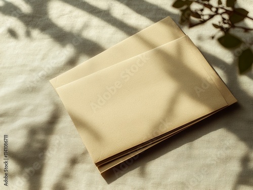 A blank kraft paper mailer mockup is positioned flat on a soft beige table, showcasing a minimalistic texture and subtle studio shadows across the surface