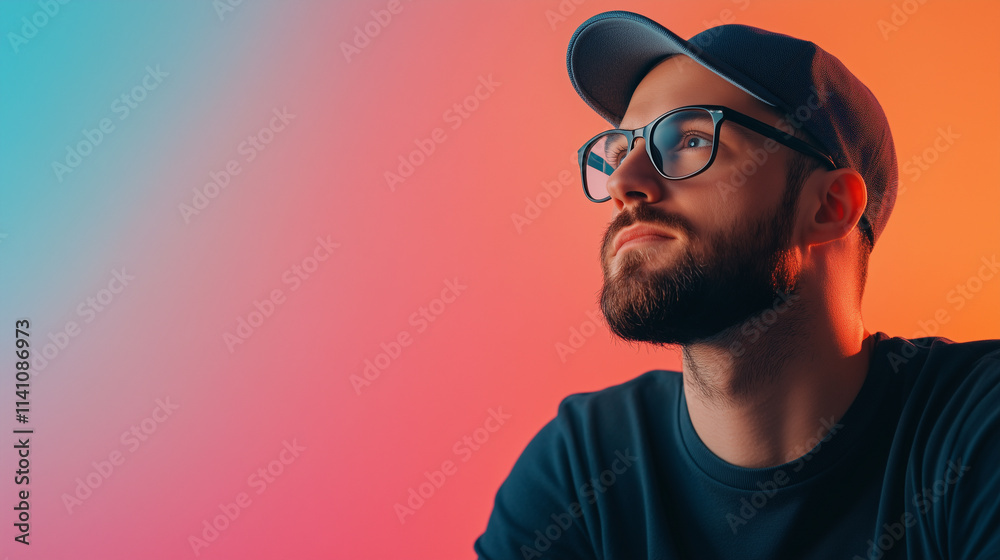 thoughtful man with glasses and cap gazes into distance against vibrant gradient background, evoking sense of contemplation and creativity. thoughtful man with glasses and cap gazes into distance against vibrant gradient background, evoking sense of contemplation and creativity.