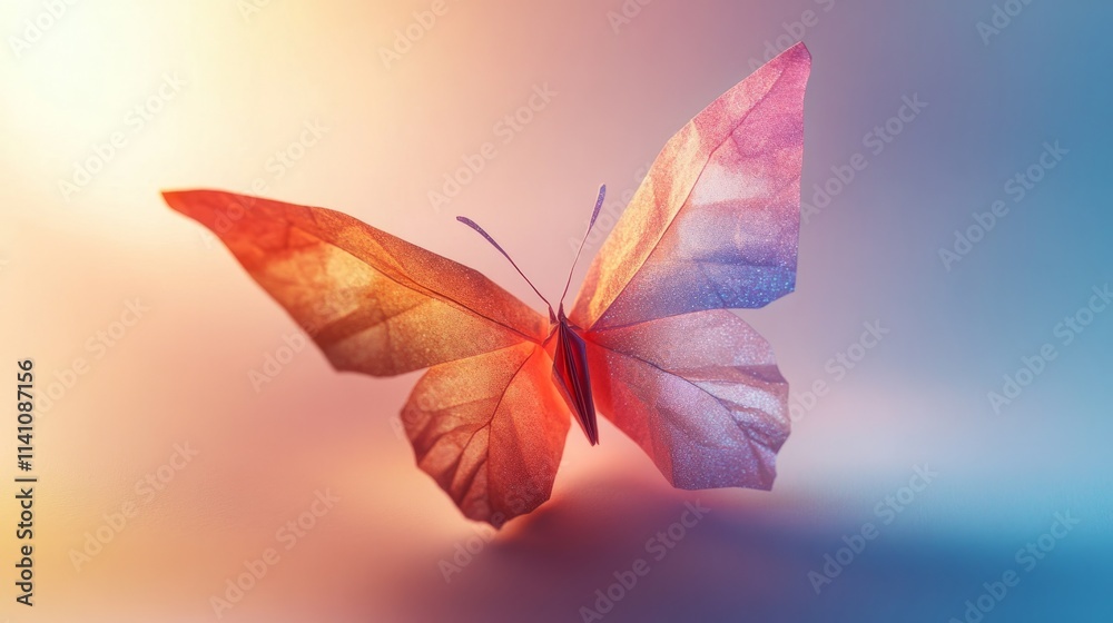 Obraz premium Origami butterfly made with glittering paper, softly lit against a pastel background generative ai