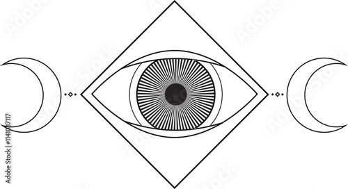 All-seeing eye watching over crescent moons: mystical symbolism. Logo, illustration, vector