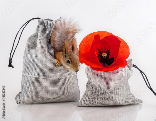 red squirre with red flowers in bag  