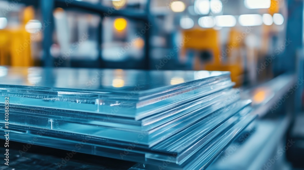 Close-up view of several sheets of processed glass stacked neatly. Close-up view of several sheets of processed glass stacked neatly.