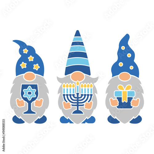 Vector Hanukkah gnomes design with menorah. Cute Jewish holiday illustration for prints, invitations, greeting cards, banners, posters. Chanukah template for plotter cutting