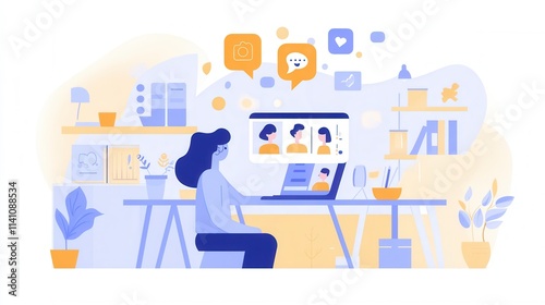 Minimalist Flat Illustration of People Working on Video Calls in Cozy Modern Interiors