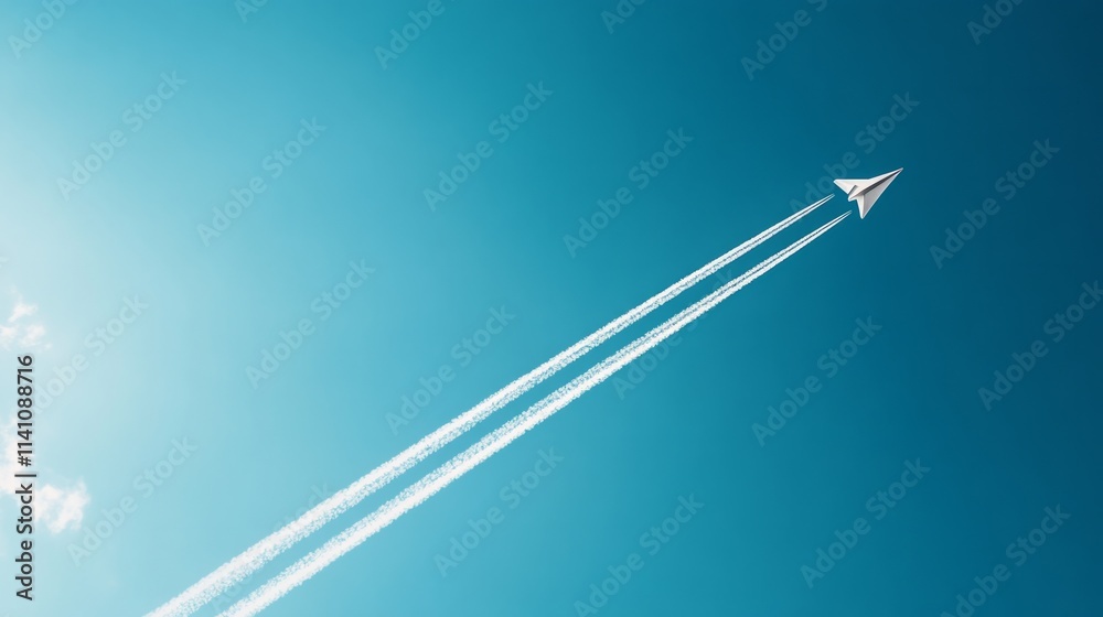 Origami paper airplane flying across a clear blue sky, with a trail forming soft white lines generative ai Origami paper airplane flying across a clear blue sky, with a trail forming soft white lines generative ai