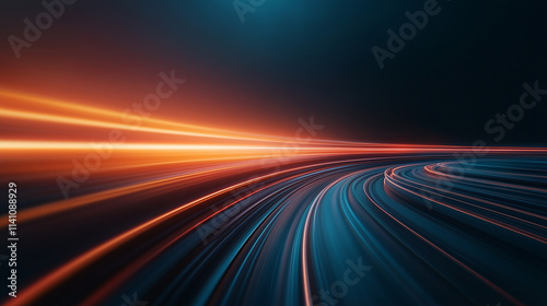 Abstract light trails create dynamic sense of motion and speed, showcasing vibrant colors of orange and blue against dark background, evoking energy and excitement.