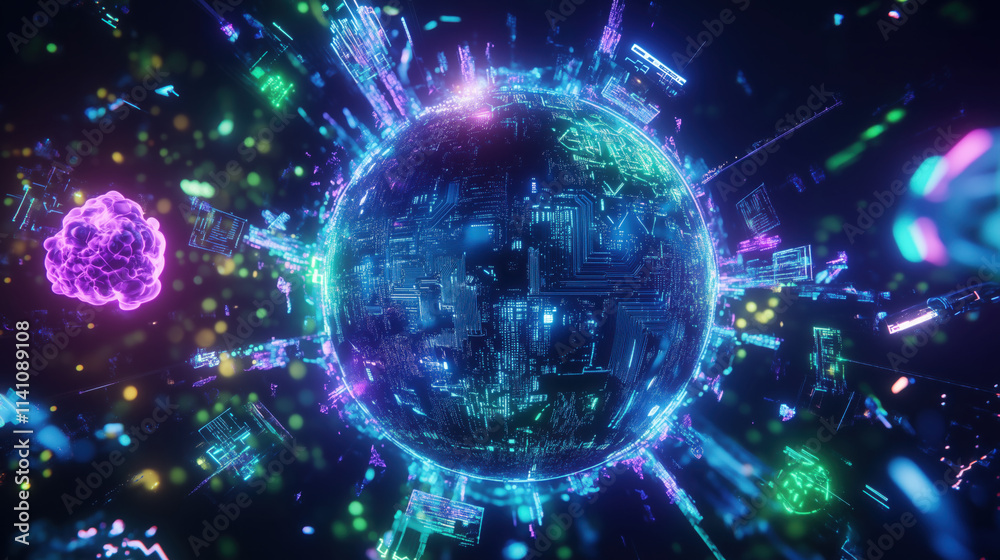 Fototapeta premium 3D Globe with Orbiting Technology Icons Representing the Global Tech Revolution
