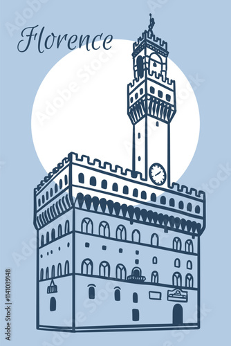 Wallpaper Mural Line art drawing of Palazzo Vecchio in Florence, Italy, architecture tourism landmark, travel destination illustration Torontodigital.ca