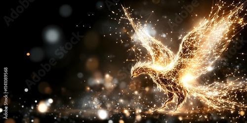 Fiery phoenix bird in flight, sparks and light trails on black background.
