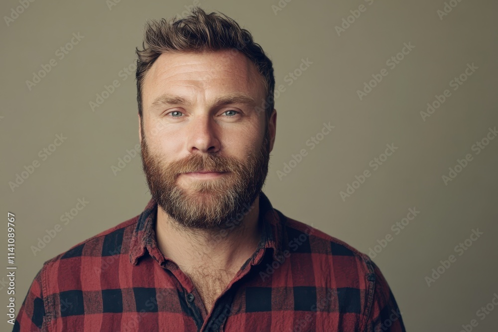 Confident Man with Beard in Casual Attire Against Neutral Background Confident Man with Beard in Casual Attire Against Neutral Background