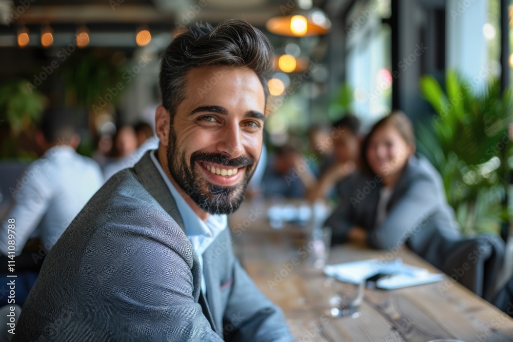 Happy smart business man with team mates discussing in the background Happy smart business man with team mates discussing in the background