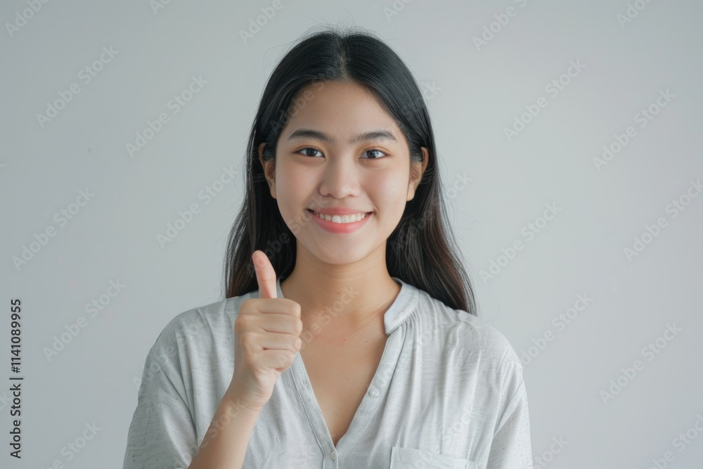 Confident Asian woman giving thumbs up approval. Confident Asian woman giving thumbs up approval.