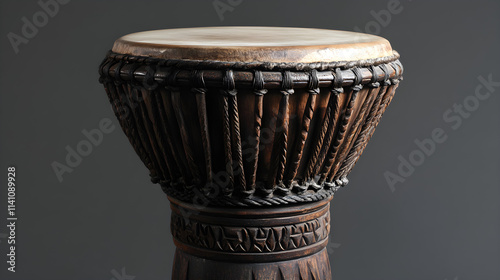 Djembe drum with intricate carvings, placed upright to showcase the drumhead and woodwork photo