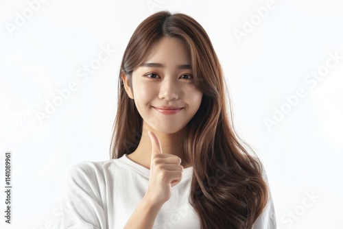 Confident Asian woman giving thumbs up approval.