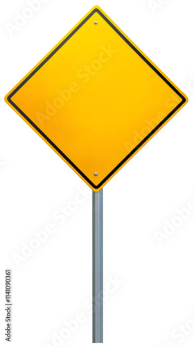 Diamond-shaped yellow road sign on metal pole with transparent background, ideal for personalized messages or symbols