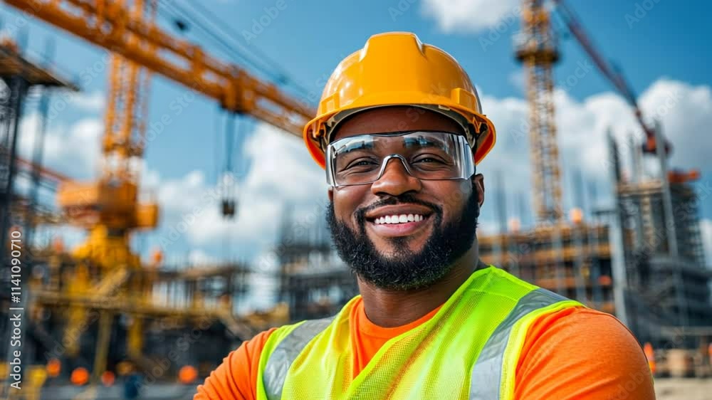 An engineer smiling confidently on-site, with cranes and construction equipment behind. An engineer smiling confidently on-site, with cranes and construction equipment behind.