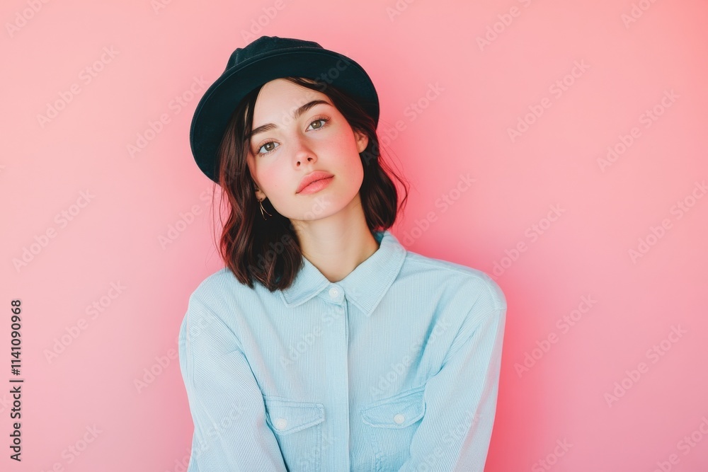 Stylish Young Woman Posing Against a Soft Pink Background in Casual Fashion Stylish Young Woman Posing Against a Soft Pink Background in Casual Fashion