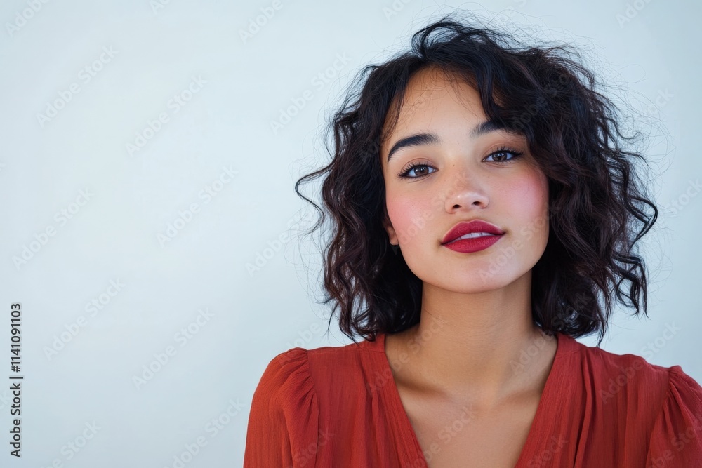 Portrait of a Confident Young Woman with Curly Hair and Bold Lip Color Portrait of a Confident Young Woman with Curly Hair and Bold Lip Color