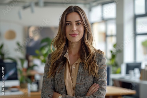 Confident businesswoman leading team in modern office. photo