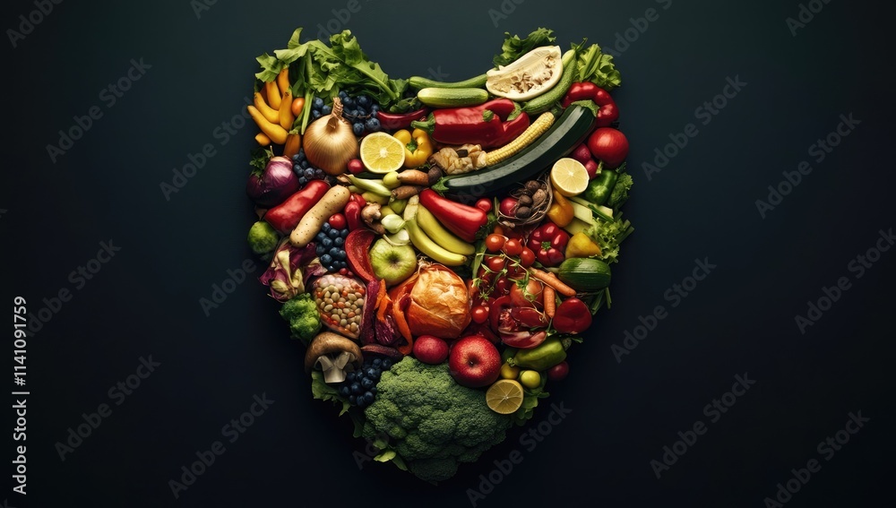 Fototapeta premium Vibrant heart-shaped design created from various fruits and vegetables.