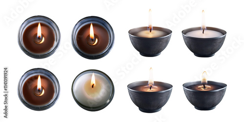 Different types of candles, lit and placed in glass bowls, isolated on a transparent background, ideal for relaxation and home decor themes.