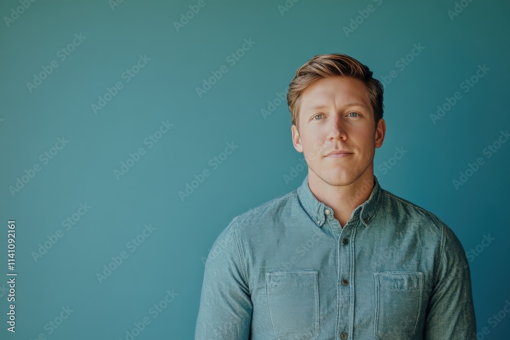 Confident Young Man Posing Against a Blue Background in Casual Attire Confident Young Man Posing Against a Blue Background in Casual Attire
