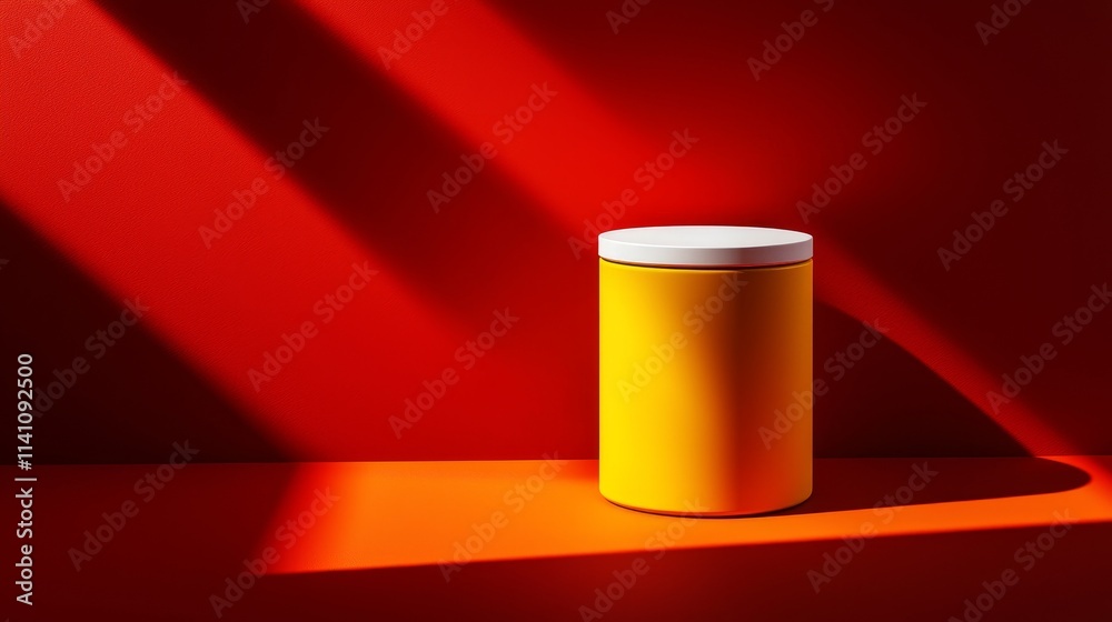 A vibrant yellow container with a crisp white lid, accented by dramatic lighting, against a red background with soft gradients A vibrant yellow container with a crisp white lid, accented by dramatic lighting, against a red background with soft gradients