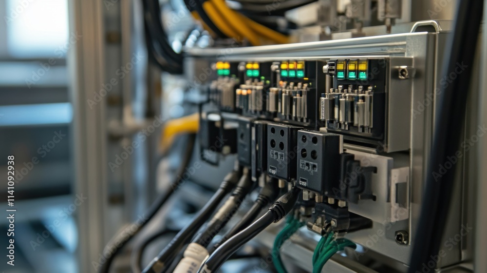 A closeup of a data acquisition system with multiple cables and sensors connected to valves and gauges set against the industrial backdrop of a large processing facility. A closeup of a data acquisition system with multiple cables and sensors connected to valves and gauges set against the industrial backdrop of a large processing facility.
